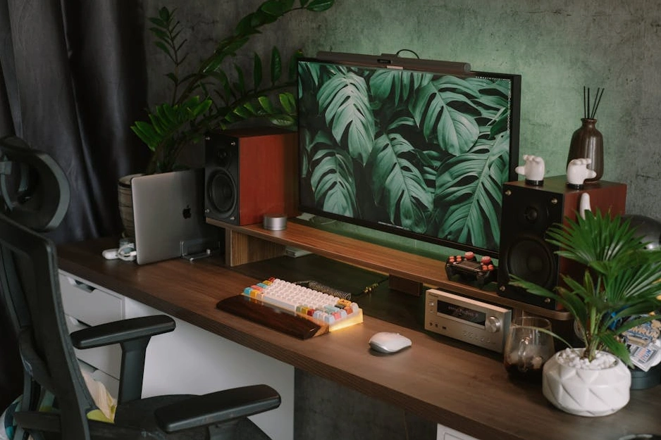 A modern office interior with lush green plants, symbolizing a sustainable workspace.